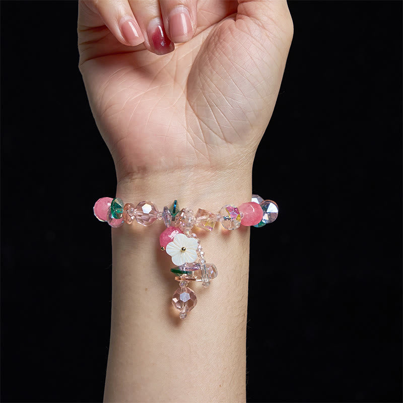 Pulsera de flores de cristal blanco con piedras de Buda, cristal rosa y verde