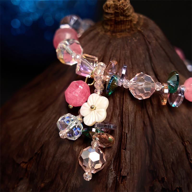 Pulsera de flores de cristal blanco con piedras de Buda, cristal rosa y verde