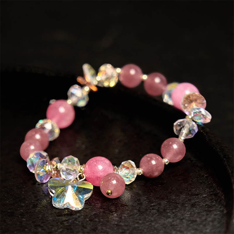 Pulsera de mariposa de amor con cristales de fresa, cuarzo blanco y cristal rosa de Buddha Stones
