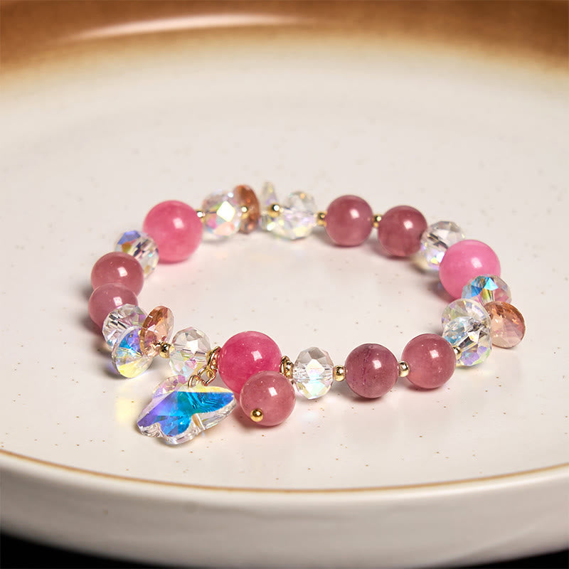 Pulsera de mariposa de amor con cristales de fresa, cuarzo blanco y cristal rosa de Buddha Stones