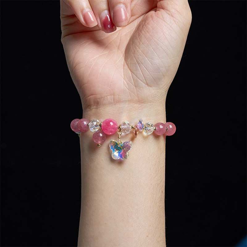 Pulsera de mariposa de amor con cristales de fresa, cuarzo blanco y cristal rosa de Buddha Stones