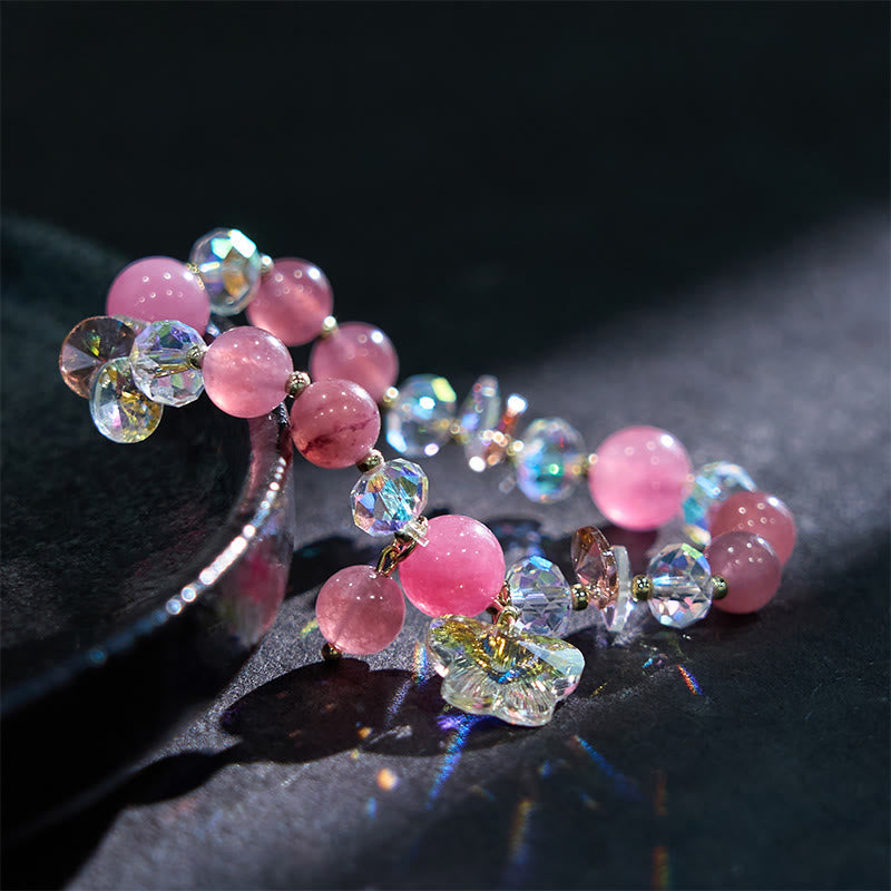 Pulsera de mariposa de amor con cristales de fresa, cuarzo blanco y cristal rosa de Buddha Stones