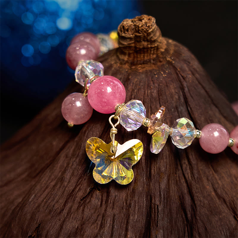 Pulsera de mariposa de amor con cristales de fresa, cuarzo blanco y cristal rosa de Buddha Stones