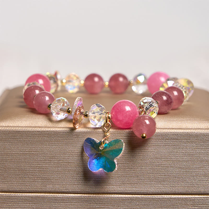 Pulsera de mariposa de amor con cristales de fresa, cuarzo blanco y cristal rosa de Buddha Stones
