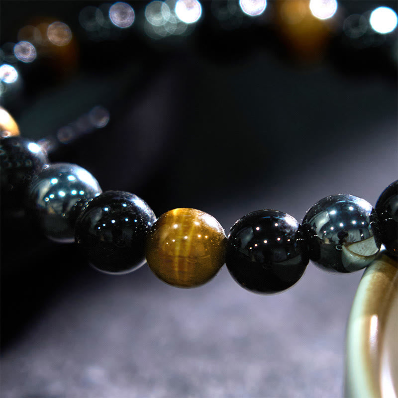 Buddha Stones Armband aus natürlichem Tigerauge, Obsidian und Hämatit mit positiver Wirkung