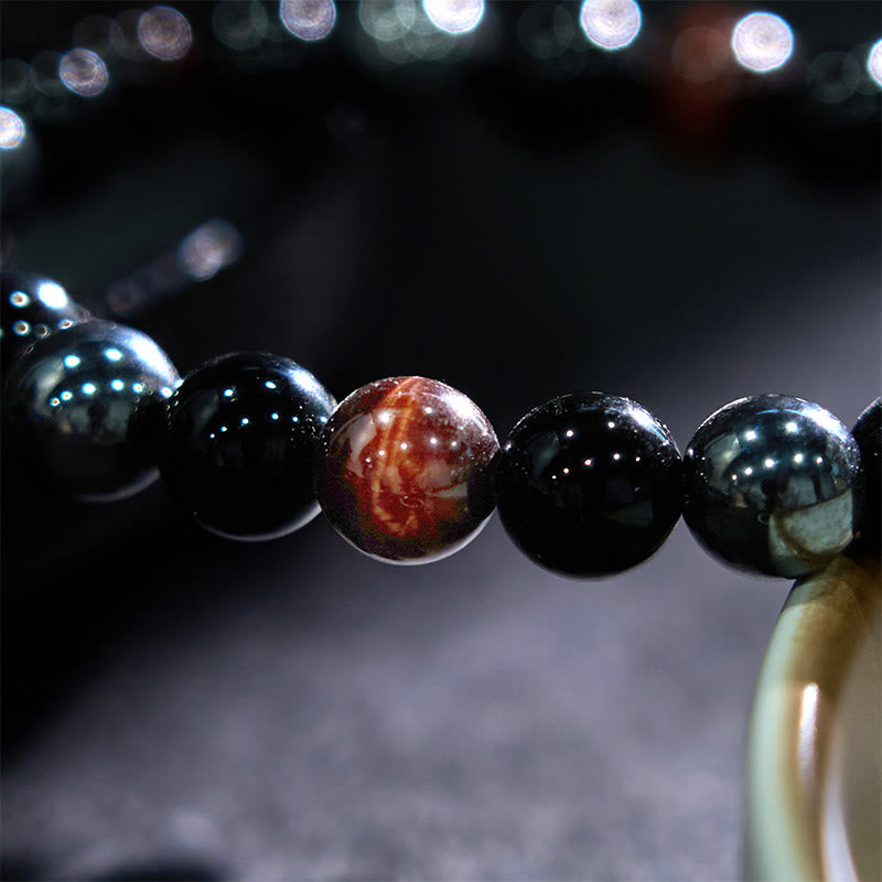 Buddha Stones Armband aus natürlichem Tigerauge, Obsidian und Hämatit mit positiver Wirkung