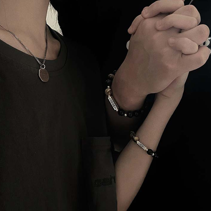 Buddha Stones Armband aus natürlichem schwarzem Obsidian und Tigerauge mit sechs wahren Worten „Om Mani Padme Hum“, Stärke und Liebe