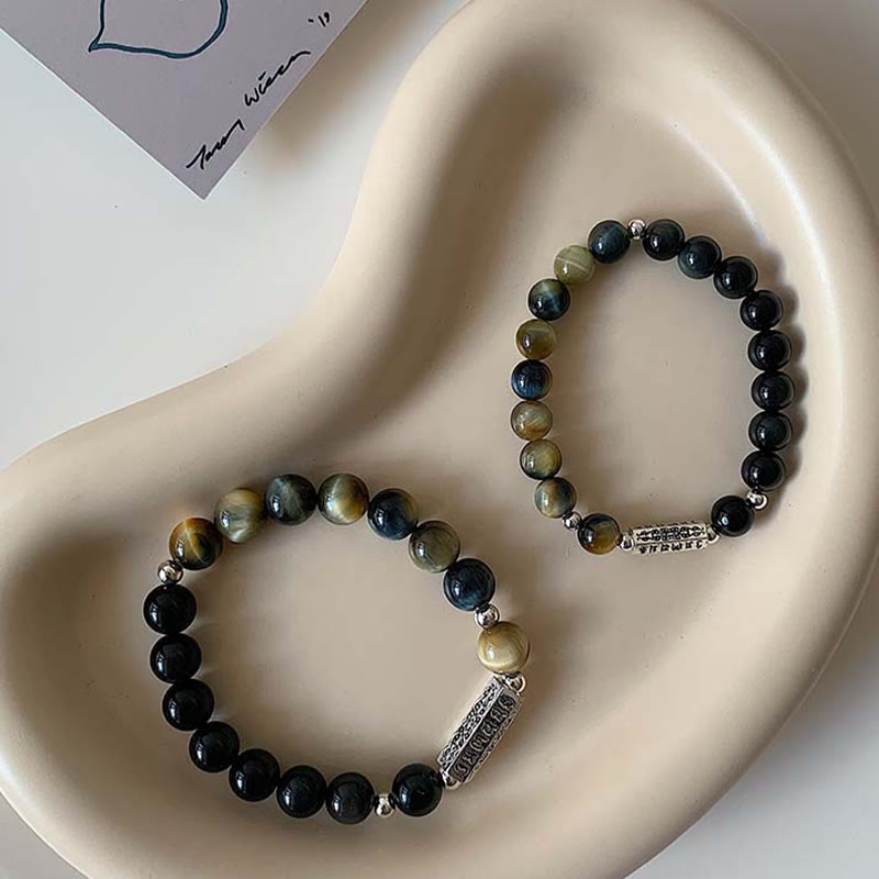 Buddha Stones Armband aus natürlichem schwarzem Obsidian und Tigerauge mit sechs wahren Worten „Om Mani Padme Hum“, Stärke und Liebe