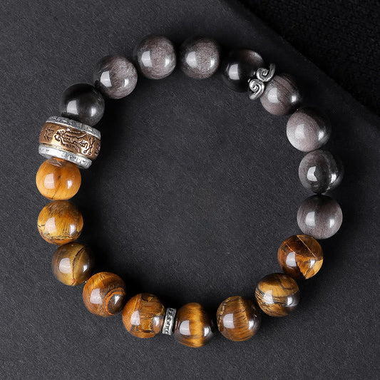 Buddha Stones Natural Silver Sheen Obsidian Tiger's Eye Six True Words 'Om Mani Padme Hum' Strength Bracelet