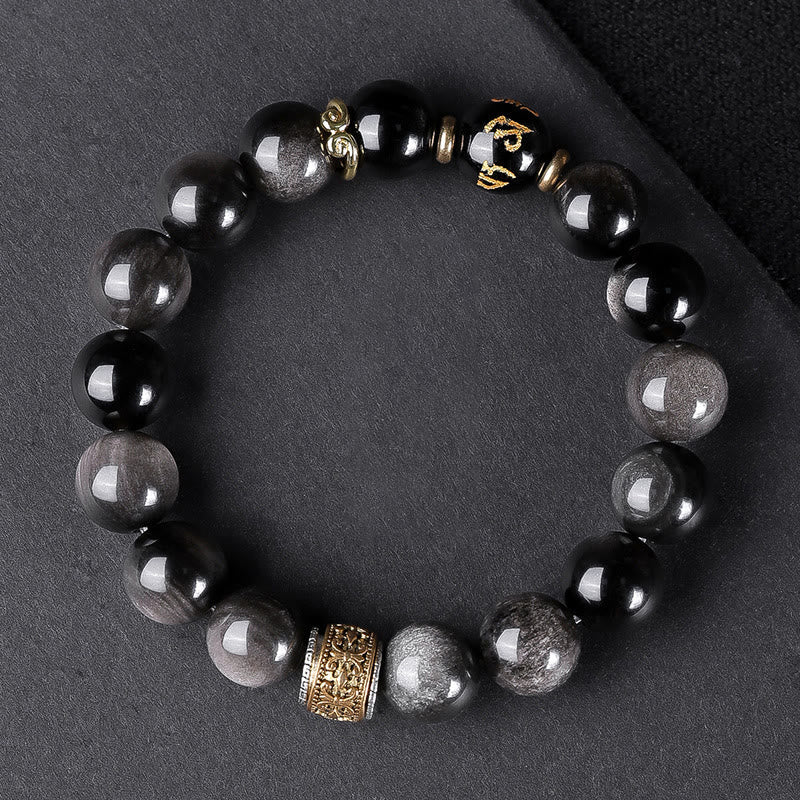 Buddha Stones Natürlicher Silberglanz Obsidian Tigerauge Sechs wahre Worte „Om Mani Padme Hum“ Kraftarmband