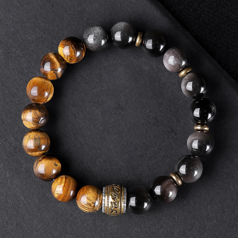 Buddha Stones Natürlicher Silberglanz Obsidian Tigerauge Sechs wahre Worte „Om Mani Padme Hum“ Kraftarmband