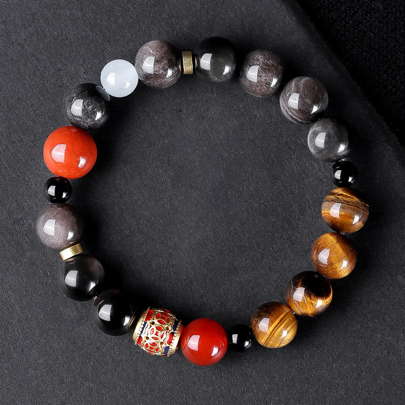 Buddha Stones Natürlicher Silberglanz Obsidian Tigerauge Sechs wahre Worte „Om Mani Padme Hum“ Kraftarmband