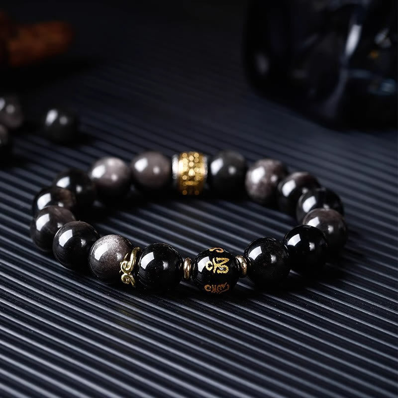 Buddha Stones Natürlicher Silberglanz Obsidian Tigerauge Sechs wahre Worte „Om Mani Padme Hum“ Kraftarmband