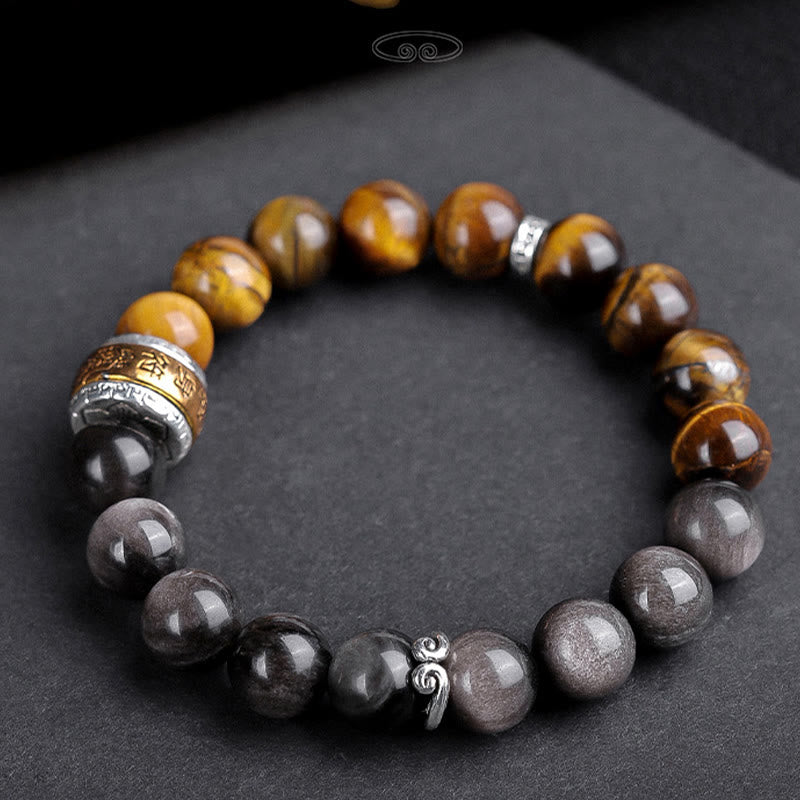 Buddha Stones Natürlicher Silberglanz Obsidian Tigerauge Sechs wahre Worte „Om Mani Padme Hum“ Kraftarmband