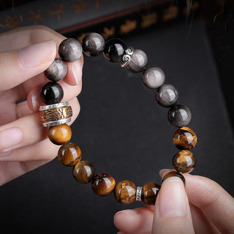 Buddha Stones Natürlicher Silberglanz Obsidian Tigerauge Sechs wahre Worte „Om Mani Padme Hum“ Kraftarmband