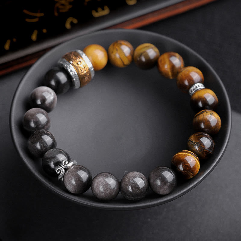 Buddha Stones Natürlicher Silberglanz Obsidian Tigerauge Sechs wahre Worte „Om Mani Padme Hum“ Kraftarmband