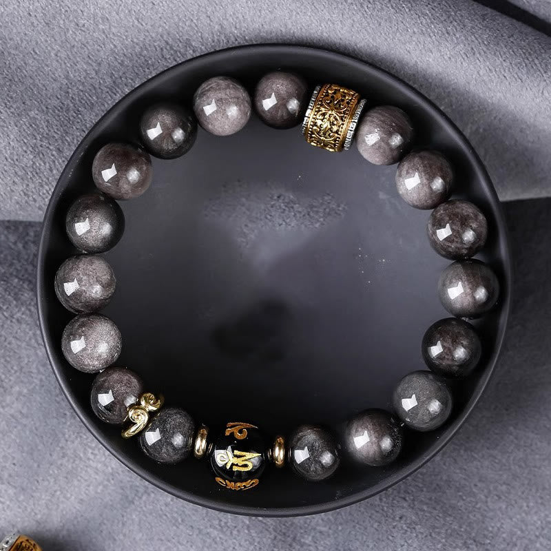 Buddha Stones Natürlicher Silberglanz Obsidian Tigerauge Sechs wahre Worte „Om Mani Padme Hum“ Kraftarmband