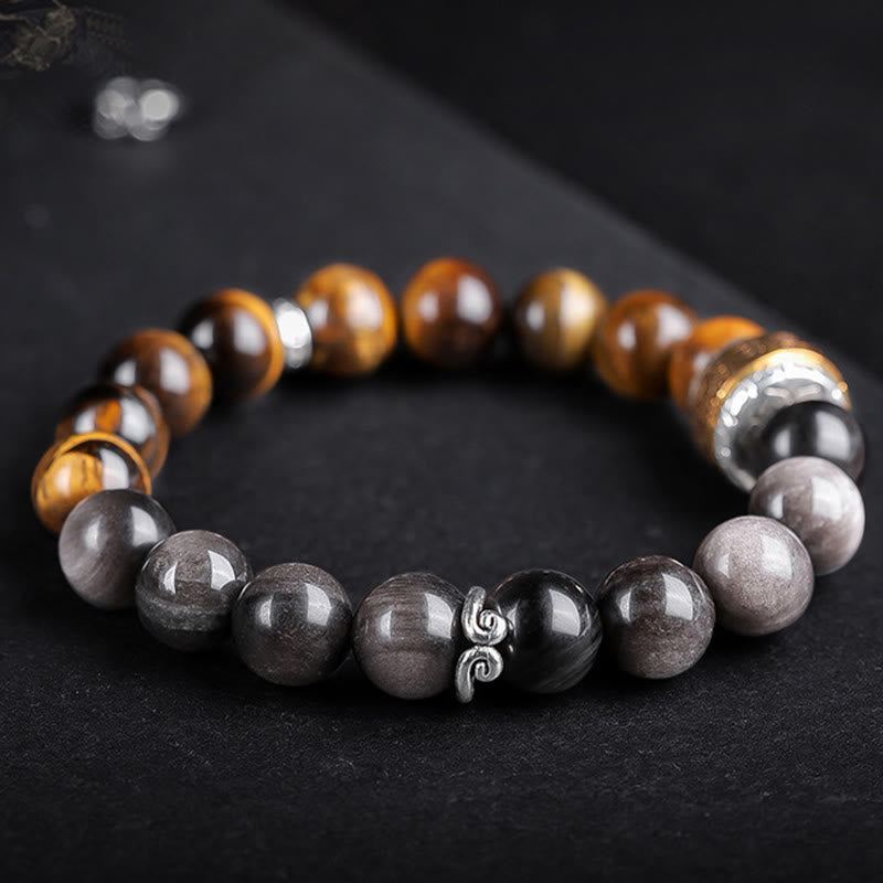 Buddha Stones Natürlicher Silberglanz Obsidian Tigerauge Sechs wahre Worte „Om Mani Padme Hum“ Kraftarmband