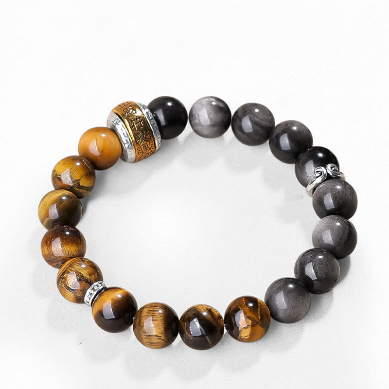 Buddha Stones Natürlicher Silberglanz Obsidian Tigerauge Sechs wahre Worte „Om Mani Padme Hum“ Kraftarmband