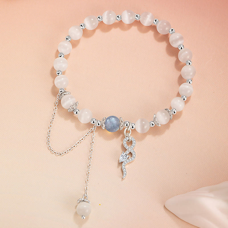Pulsera de la Paz del Año de la Serpiente en plata de ley 925 con piedra lunar, ojo de gato y crisoberilo de Buda