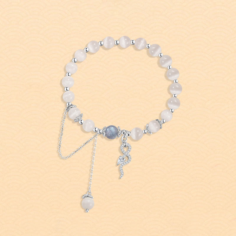Pulsera de la Paz del Año de la Serpiente en plata de ley 925 con piedra lunar, ojo de gato y crisoberilo de Buda
