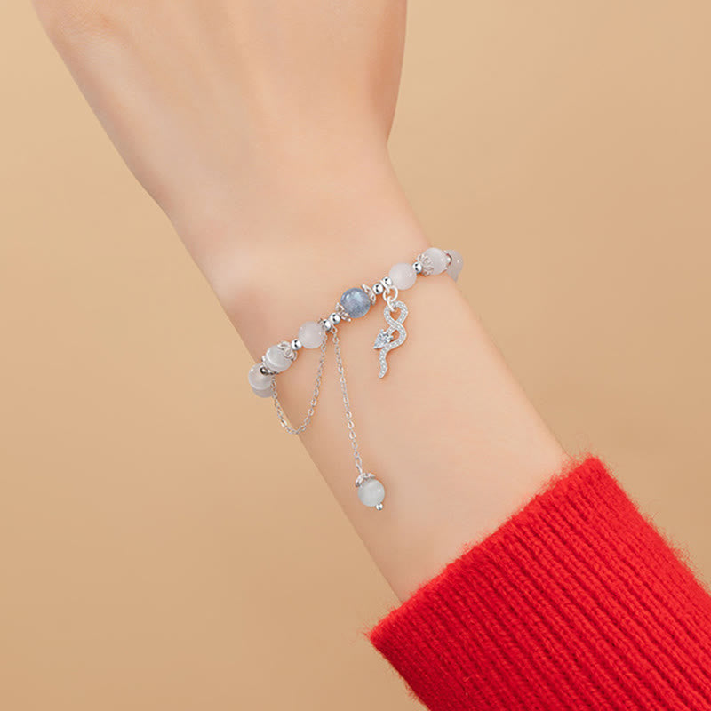 Pulsera de la Paz del Año de la Serpiente en plata de ley 925 con piedra lunar, ojo de gato y crisoberilo de Buda