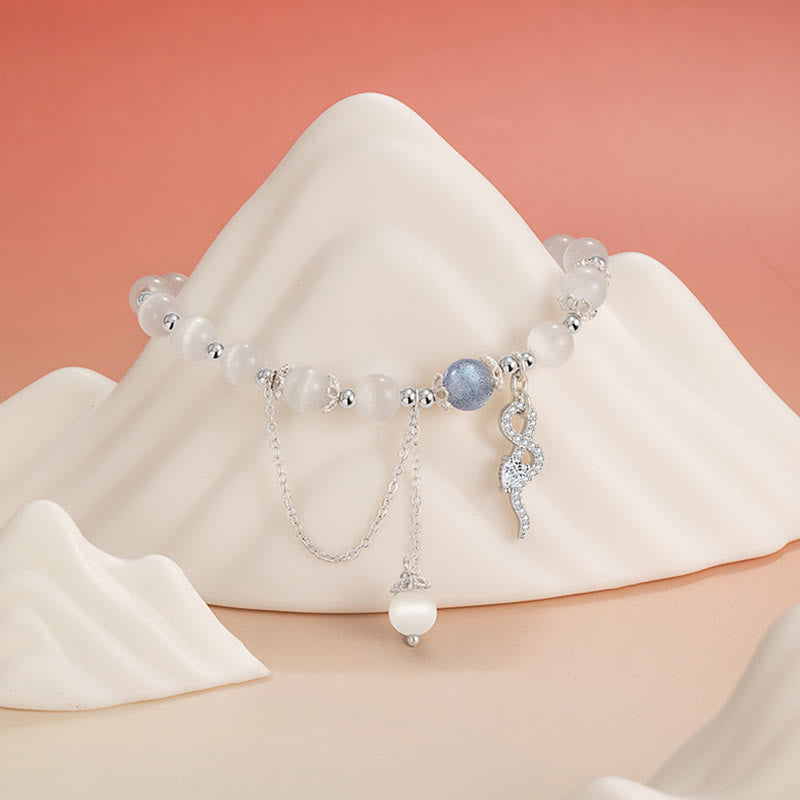 Pulsera de la Paz del Año de la Serpiente en plata de ley 925 con piedra lunar, ojo de gato y crisoberilo de Buda