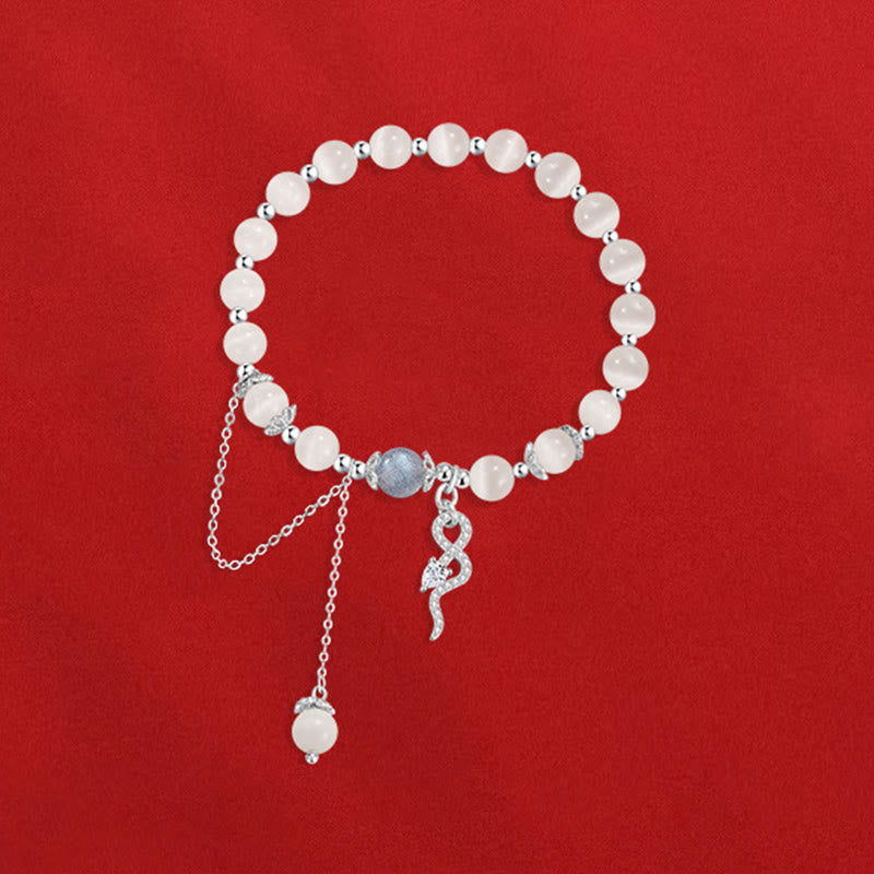Pulsera de la Paz del Año de la Serpiente en plata de ley 925 con piedra lunar, ojo de gato y crisoberilo de Buda