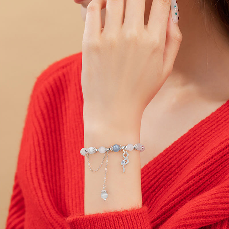 Pulsera de la Paz del Año de la Serpiente en plata de ley 925 con piedra lunar, ojo de gato y crisoberilo de Buda