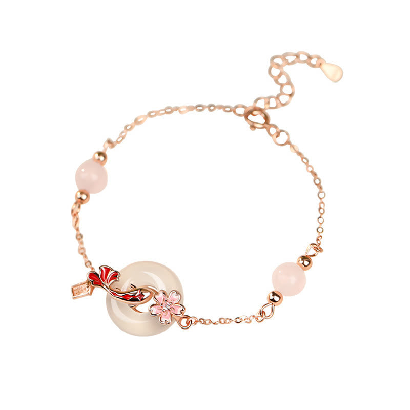 Pulsera con hebilla de paz y flores de pez koi en plata de ley 925 con cristales de calcedonia rosa y piedras de Buda