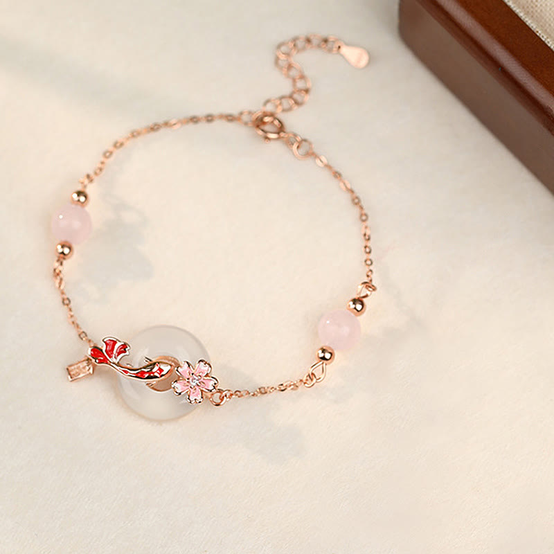 Pulsera con hebilla de paz y flores de pez koi en plata de ley 925 con cristales de calcedonia rosa y piedras de Buda