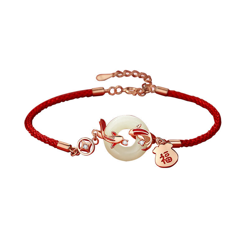 Buddha Stones Natürliche Hetian Jade Rote Schnur 925 Sterling Silber Vergoldet Koi Fisch Glücksbringer Fu Charakter Peace Schnalle Glücksarmband