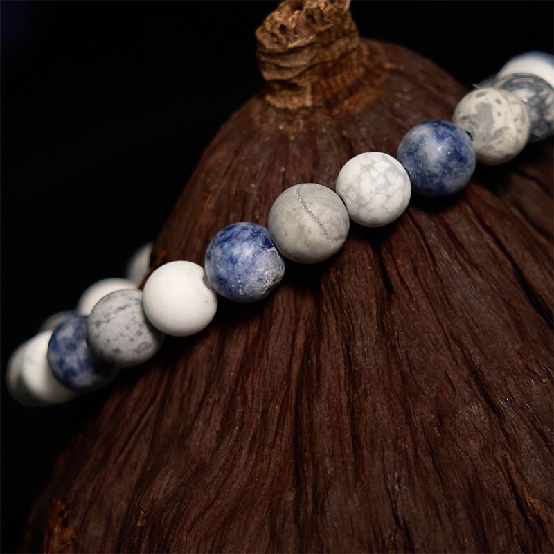 Pulsera de relajación con piedras de Buda, jaspe Picasso, turquesa blanca y jaspe con puntos azules