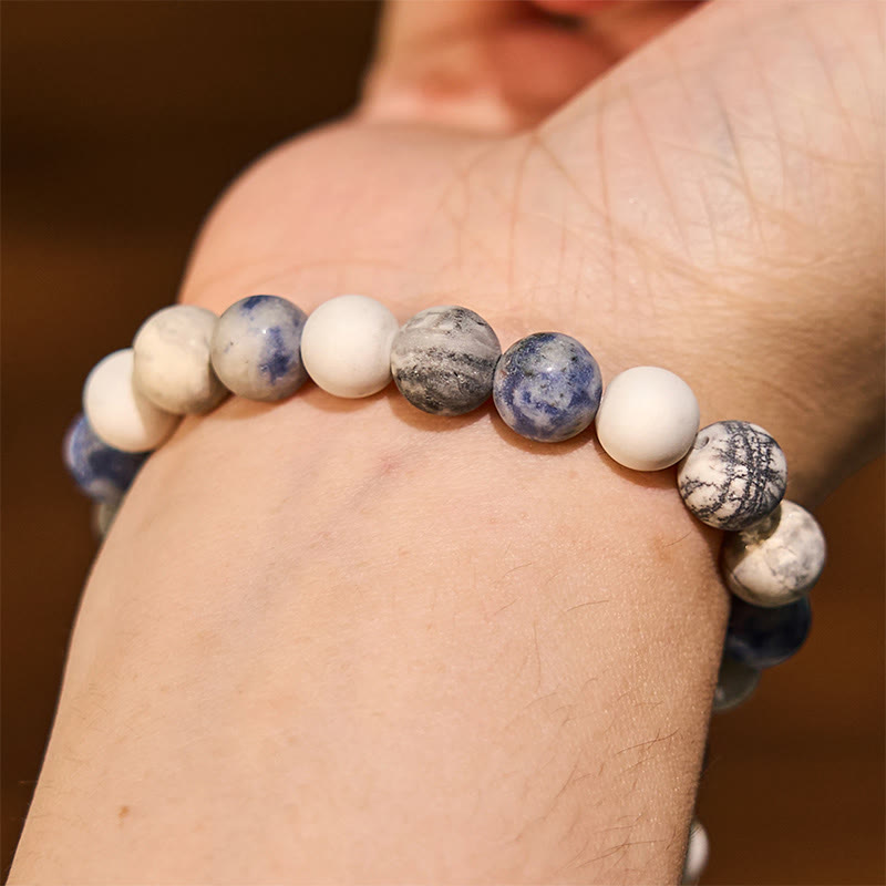 Pulsera de relajación con piedras de Buda, jaspe Picasso, turquesa blanca y jaspe con puntos azules