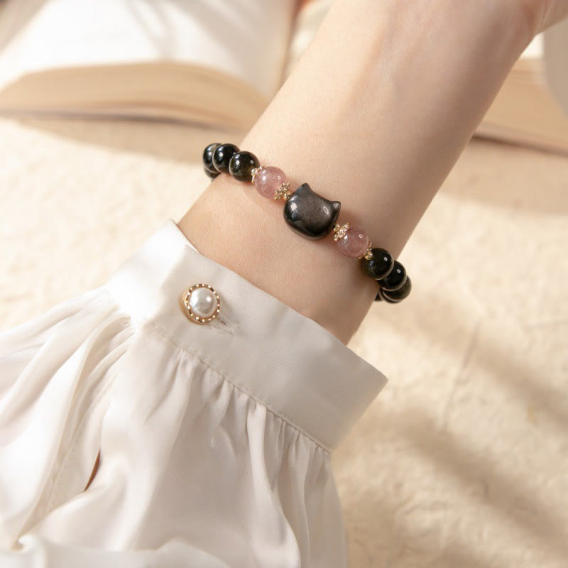 Pulsera de fuerza con cabeza de gato de obsidiana negra y cuentas de cuarzo fresa con piedras de Buda y brillo plateado