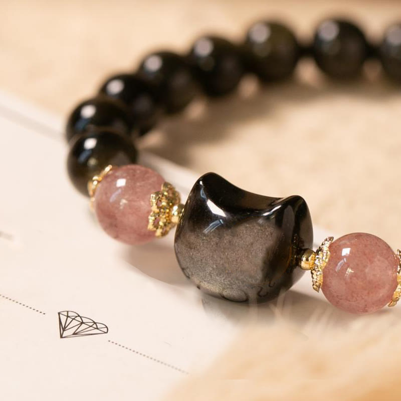 Pulsera de fuerza con cabeza de gato de obsidiana negra y cuentas de cuarzo fresa con piedras de Buda y brillo plateado