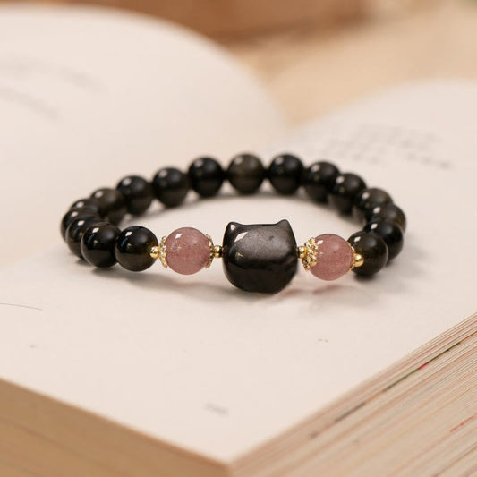 Buddha Stones Black Obsidian Strawberry Quartz Beads Silver Sheen Obsidian Cat Head Strength Bracelet
