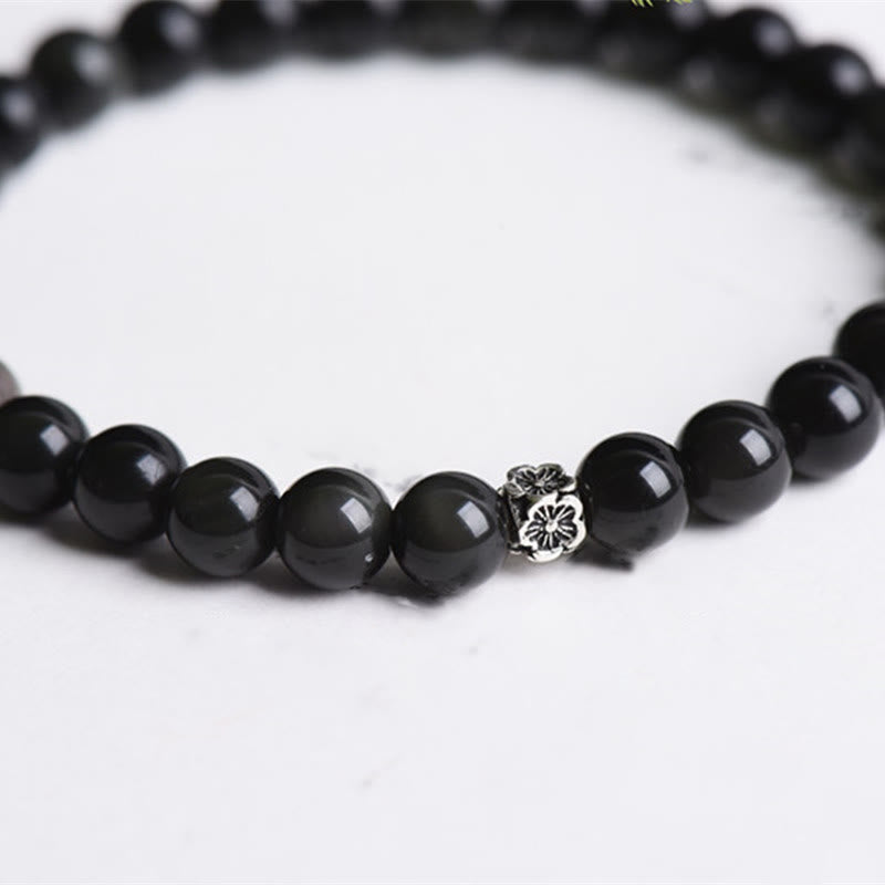 Pulsera de purificación con diseño floral de plata de ley 925 y cuentas de obsidiana negra de Buda