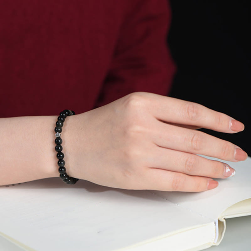 Pulsera de purificación con diseño floral de plata de ley 925 y cuentas de obsidiana negra de Buda