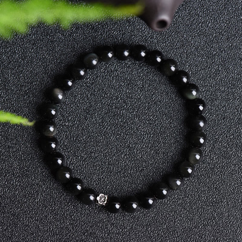 Pulsera de purificación con diseño floral de plata de ley 925 y cuentas de obsidiana negra de Buda