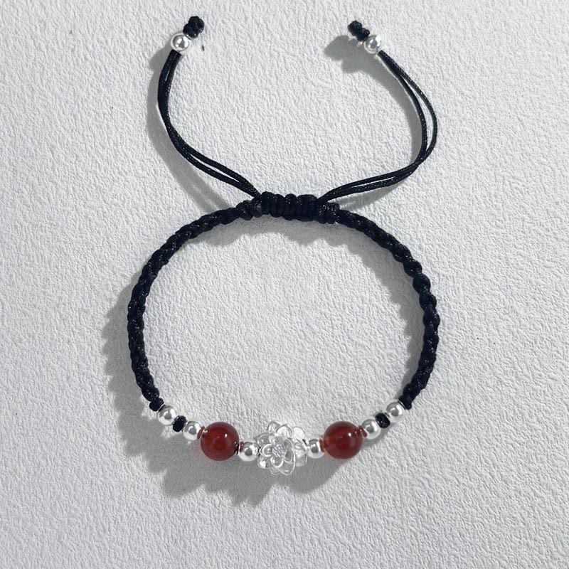 Pulsera de hilo protector con cuentas de ojo de gato y diseño de loto en plata de ley 999 con piedras de Buda