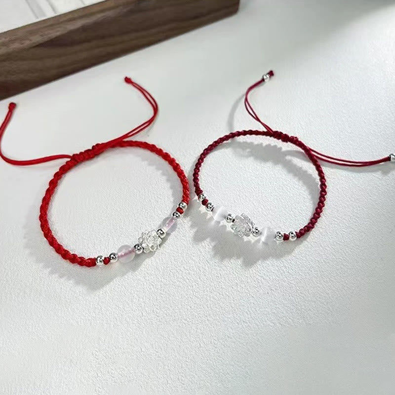 Pulsera de hilo protector con cuentas de ojo de gato y diseño de loto en plata de ley 999 con piedras de Buda