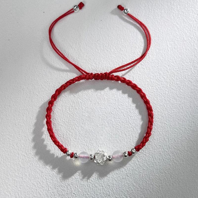 Pulsera de hilo protector con cuentas de ojo de gato y diseño de loto en plata de ley 999 con piedras de Buda
