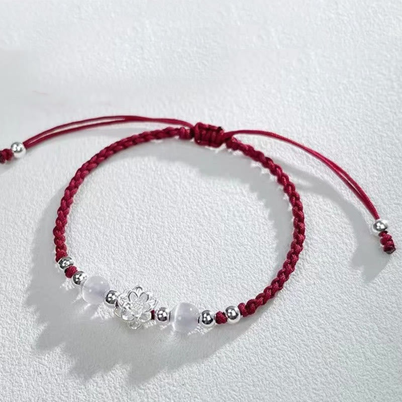 Pulsera de hilo protector con cuentas de ojo de gato y diseño de loto en plata de ley 999 con piedras de Buda