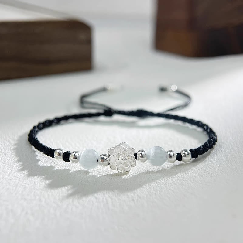 Pulsera de hilo protector con cuentas de ojo de gato y diseño de loto en plata de ley 999 con piedras de Buda