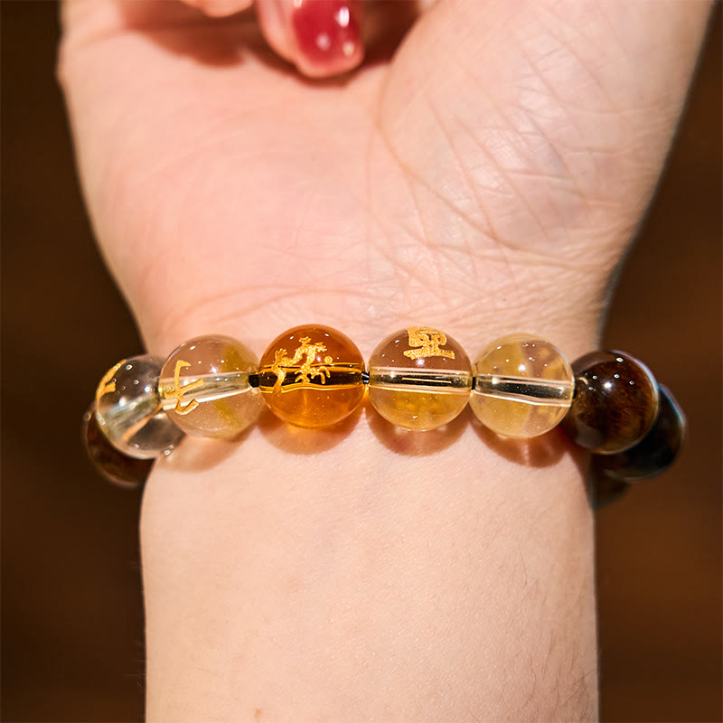 Pulsera de coraje de cristal blanco con ojo de tigre del zodíaco chino y piedras de Buda