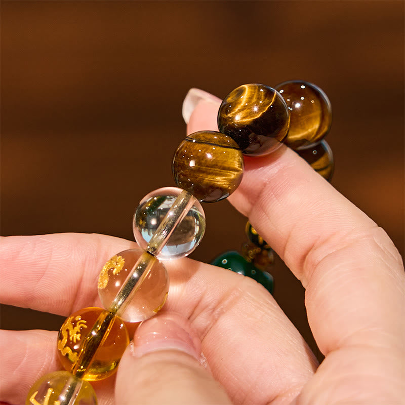 Pulsera de coraje de cristal blanco con ojo de tigre del zodíaco chino y piedras de Buda