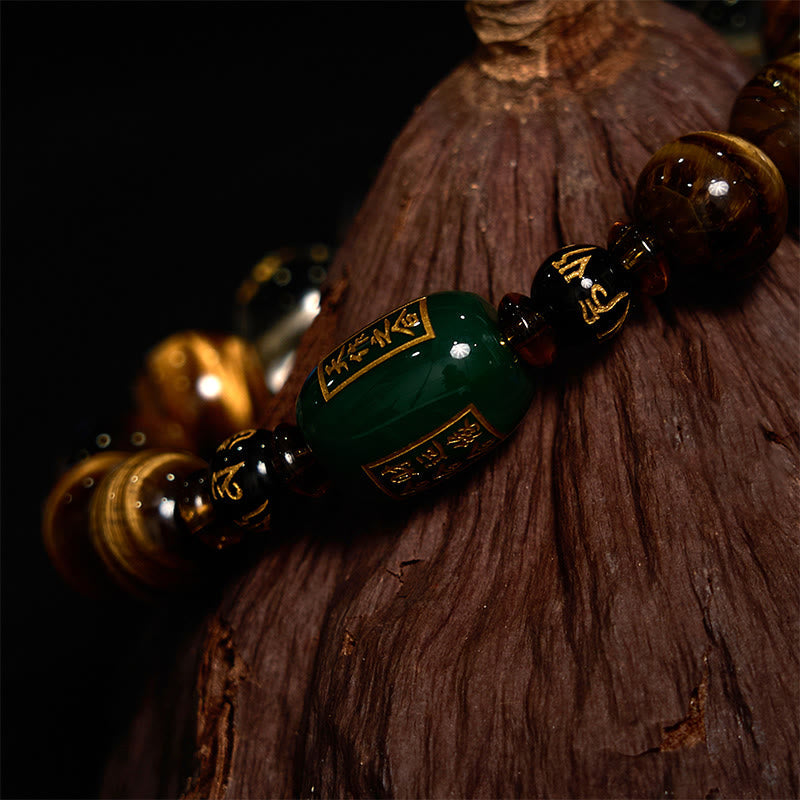 Pulsera de coraje de cristal blanco con ojo de tigre del zodíaco chino y piedras de Buda