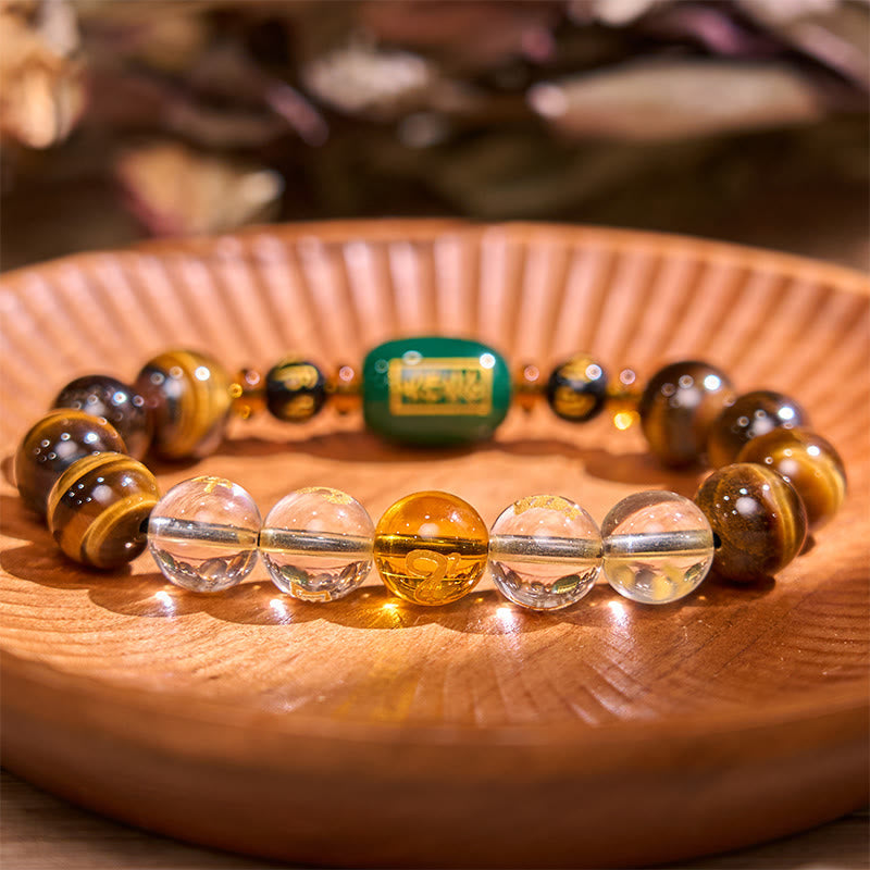Pulsera de coraje de cristal blanco con ojo de tigre del zodíaco chino y piedras de Buda
