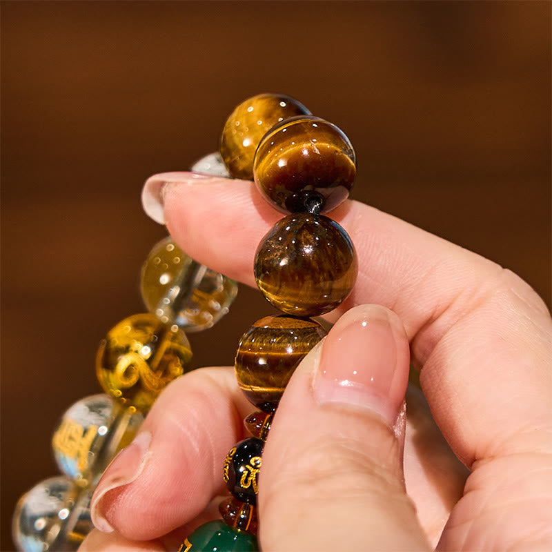 Pulsera de coraje de cristal blanco con ojo de tigre del zodíaco chino y piedras de Buda